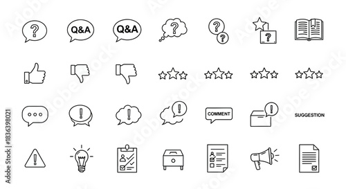 Outline Icon Set for Feedback, Questions, Communication, Idea Generation, and Customer Review Symbols