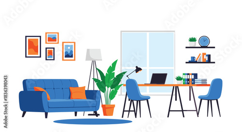 Modern living room and home office interior with a blue sofa desk laptop and houseplants in a flat vector illustration style.