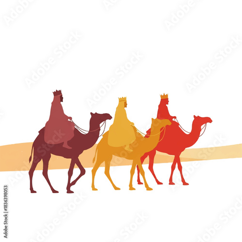 Three Wise Men on Camels Journeying Through Desert.