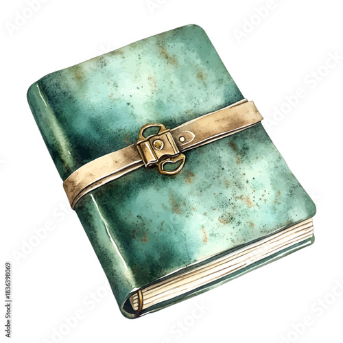 Watercolor vintage green book with gold ornate clasp, vector
