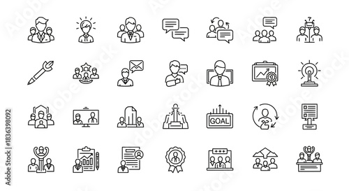 Business Management, Teamwork, and Corporate Success Line Icons Set for Corporate Strategy and Achievement.