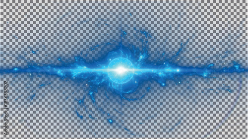 Detailed electric blue horizontal light effect with bright central glow, swirling energy elements, and scattered particles, intense dynamic illumination on transparent PNG background.