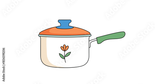 Cute cartoon drawing of a white cooking pot with an orange lid blue knob and a simple flower illustration.
