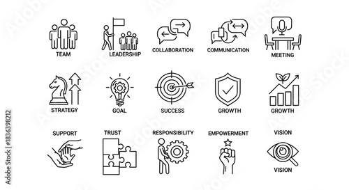Core Business Values, Leadership, and Management Principles Icon Set in Outline Style