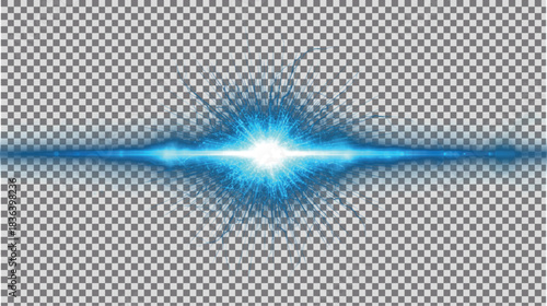 Aggressive bright electric blue horizontal lens flare effect with intense central explosion starburst and wide, vibrant light beam, futuristic illumination on transparent PNG background.