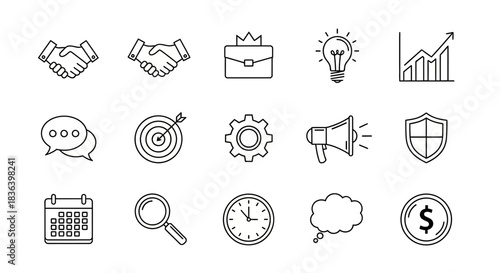 Business and Marketing Icons Set. Collection of Outline Symbols for Strategy, Communication, Finance, and Success.