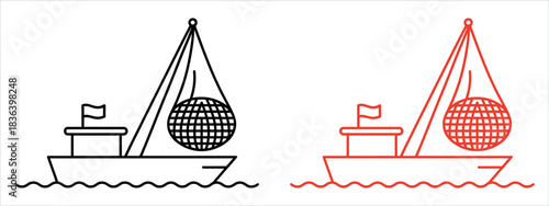 Stylized fishing boats hauling the world into harbor - conceptual ocean voyage illustration for global industry, transportation and marine themes.