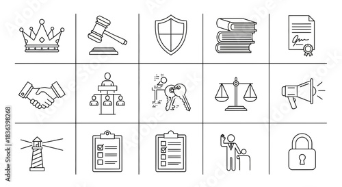 Legal and Justice Line Icons Set: Authority, Rights, Governance, Contract, and Security Symbols.