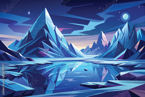 Stylized Jagged Ice Mountains Reflecting in Frozen Lake