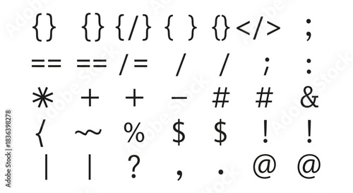 Collection of special characters, operators, and punctuation marks used in programming and typography.