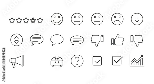 Simple line icons set for feedback, rating, review, and customer satisfaction UI elements.