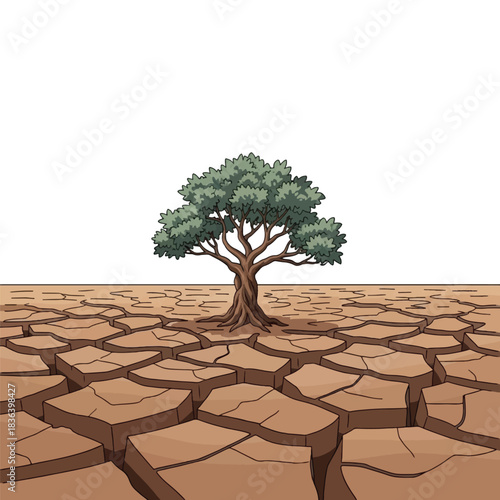 A lone green tree stands resiliently in a barren landscape of severely cracked, dry earth under a clear sky, symbolizing drought and survival.