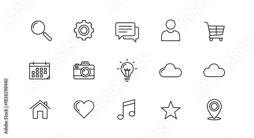 Outline vector icons collection for modern web and app interface design, featuring essential navigation elements.