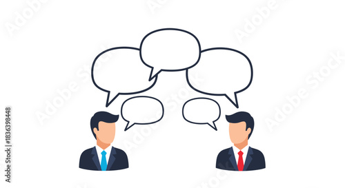 Illustration of two businessmen in suits having a conversation with multiple empty speech bubbles above their heads for text.