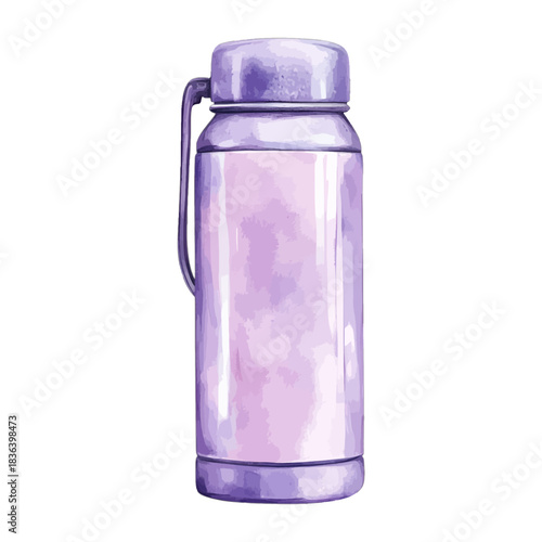Watercolor purple thermos bottle, insulated jug, vector illustration
