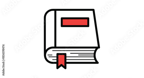 Thick line icon of a closed book standing vertically with a red title bar and a matching red bookmark.