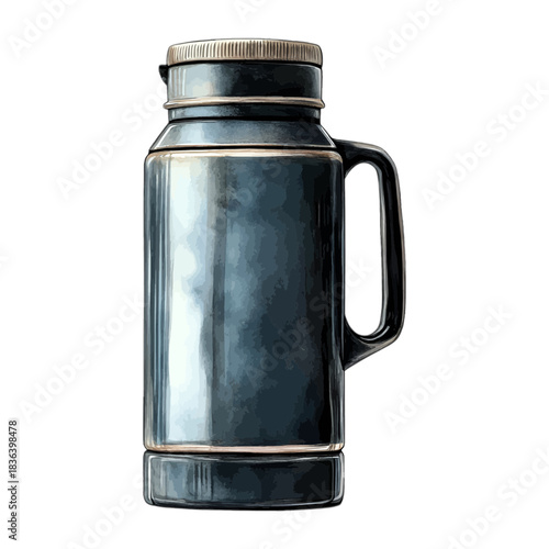 Watercolor vintage dark metal thermos jug, vector

