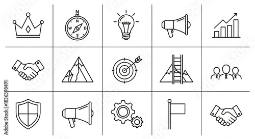 Business Strategy and Success Thin Line Icons Set including Goals, Leadership, Innovation, and Teamwork Symbols.