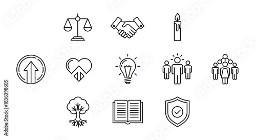 Line Icons Set for Core Values, Ethics, Business Principles, Knowledge, and Community Concepts.