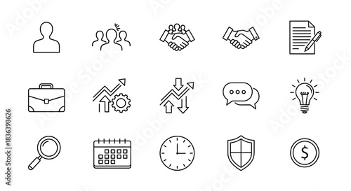 Business, Management, and Finance Line Icons Set: People, Deals, Analysis, Planning, and Strategy Symbols