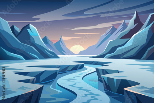 Fractured Ice Sheets and Frozen River Under Twilight Sky