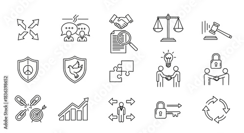 Outline Icons Set for Business Strategy, Legal Consulting, Negotiation, Growth, and Security Concepts