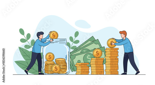 Two men in a flat design illustration are saving money by putting gold coins into a jar and stacking them into growing piles.