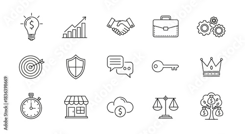 Business and Finance Line Icons Set: Strategy, Success, Growth, Security, and Management Concepts