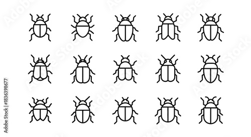 Outline Beetle Icon Set. Simple Line Art Collection of Various Bug and Insect Silhouettes on White Background.