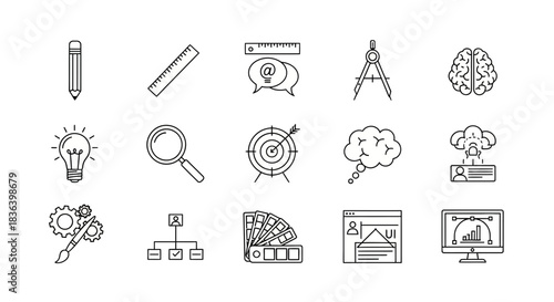 Outline Vector Icons for Design Thinking, Strategy, Creativity, Business Planning, and Idea Generation