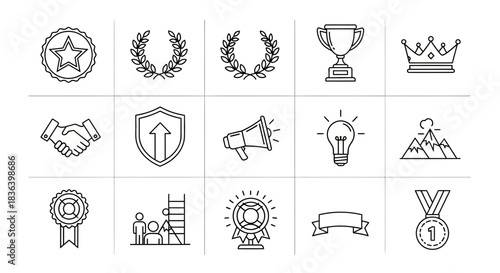 Outline Icons Set for Success, Achievement, Business Goals, Recognition, and Awards.