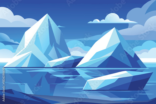 Two angular icebergs floating in tranquil blue water