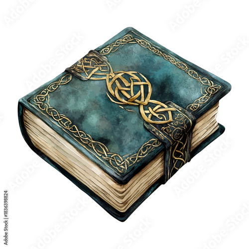 Watercolor antique magic book with gold Celtic knot, vector
