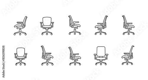 Office Chair Icon Set. Line Art Vector Illustration of Ergonomic Swivel Chairs in Various Views.