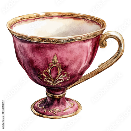 Vintage magenta teacup with gold ornate design, vector illustration
