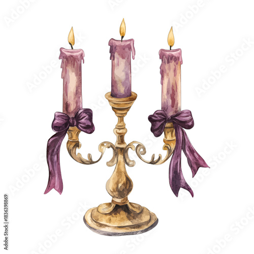 Watercolor gold candelabra with purple candles, vector illustration
