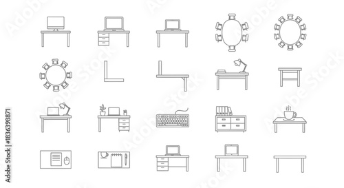 Outline Icons Set of Office Furniture, Desks, Meeting Tables, and Workspace Equipment