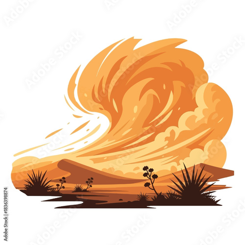 A vibrant illustration of a massive orange dust storm swirling over a desert landscape with sparse vegetation and distant hills.