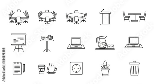 Business Meeting and Conference Room Outline Icons Set