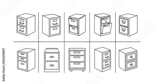 Outline Icons of Filing Cabinets Set. Various Office Furniture Drawers for Document Storage, Isometric Line Art Style.