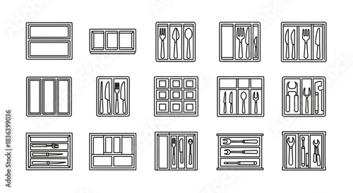Drawer Organizer and Cutlery Tray Outline Icons Set, featuring various configurations for kitchen and utility storage.