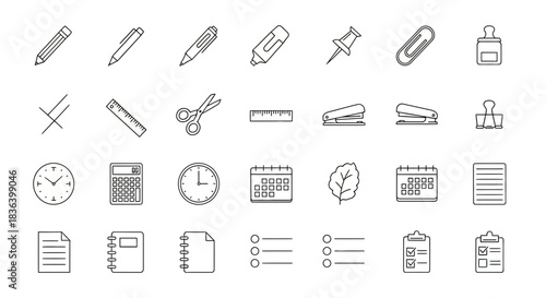 Office, School, and Stationery Supplies Line Icons Set: Pencil, Ruler, Calendar, and Clipboard Symbols