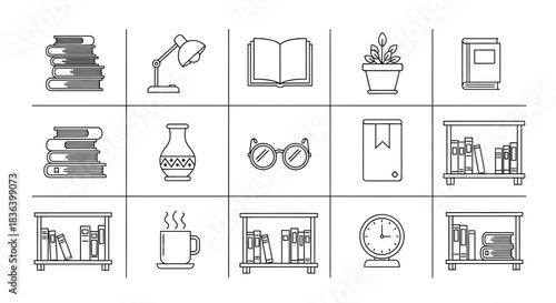 Study and Reading Room Objects Line Art Icon Set: Books, Lamp, Glasses, and Bookshelves