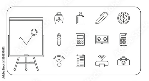 Line art vector icons set of business, office tools, presentation, and technology essentials.