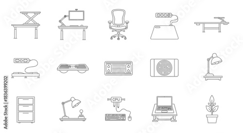 Ergonomic Office Equipment Line Icons Set: Furniture, Computer Peripherals, and Accessories for Workspace Health.