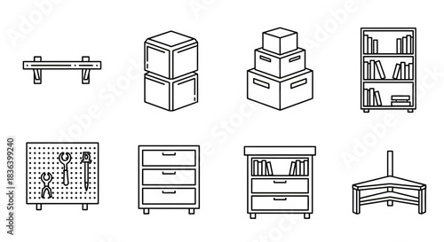 Minimalist Line Icons of Shelves, Cabinets, Drawers, and Storage Boxes