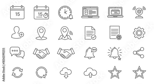 Comprehensive Outline Icon Set for Web and Business Applications including Schedule, Communication, and Data Management.