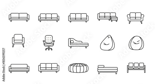 Modern Outline Icons of Home and Office Furniture Seating: Sofas, Chairs, Lounges, and Bean Bags