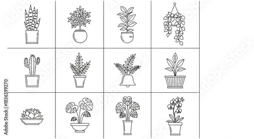 Potted Houseplants Outline Icons Set: Tropical, Succulents, Cactus, and Indoor Greenery Line Art Collection.