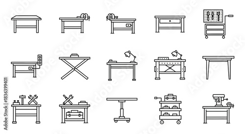 Collection of Work Benches, Workshop Tables, and Tool Carts Line Icons Set